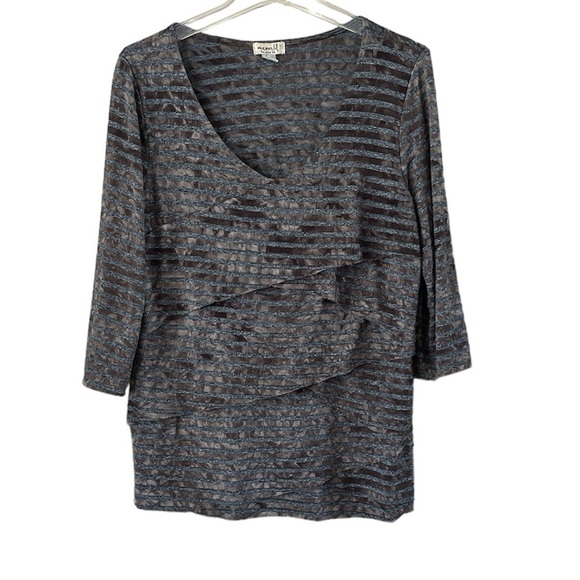 One World Layered Tiered Top Camo Colored Striped 3/4 Sleeves Size Large Stretch - Picture 1 of 12